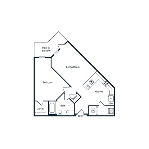 Floor plan for 1 bed, 1 bath, 736 sqft